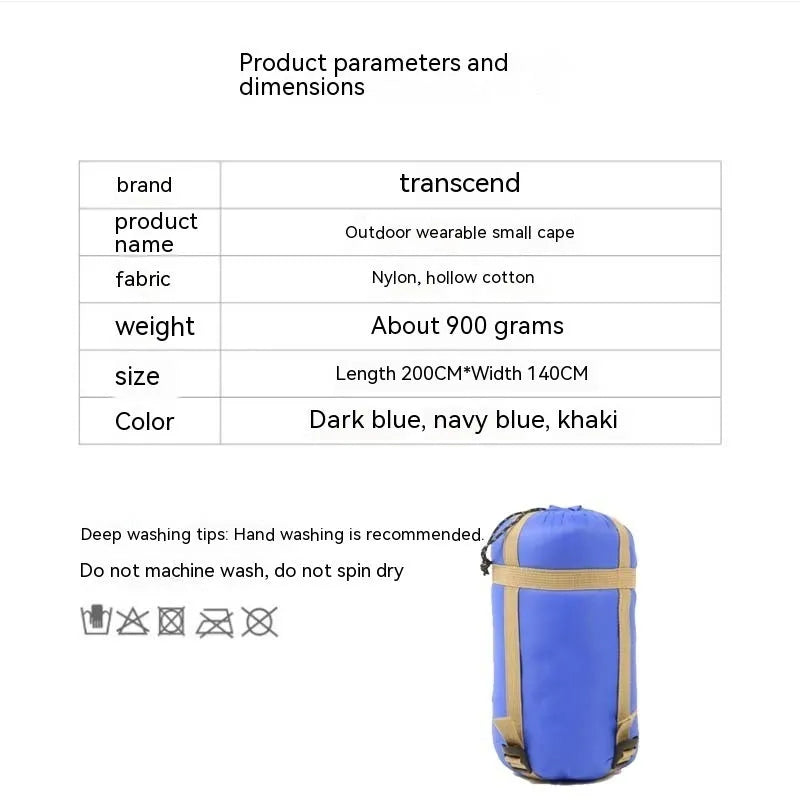 Grey adult wearable outdoor cloak sleeping bag laid flat showing 200cm length