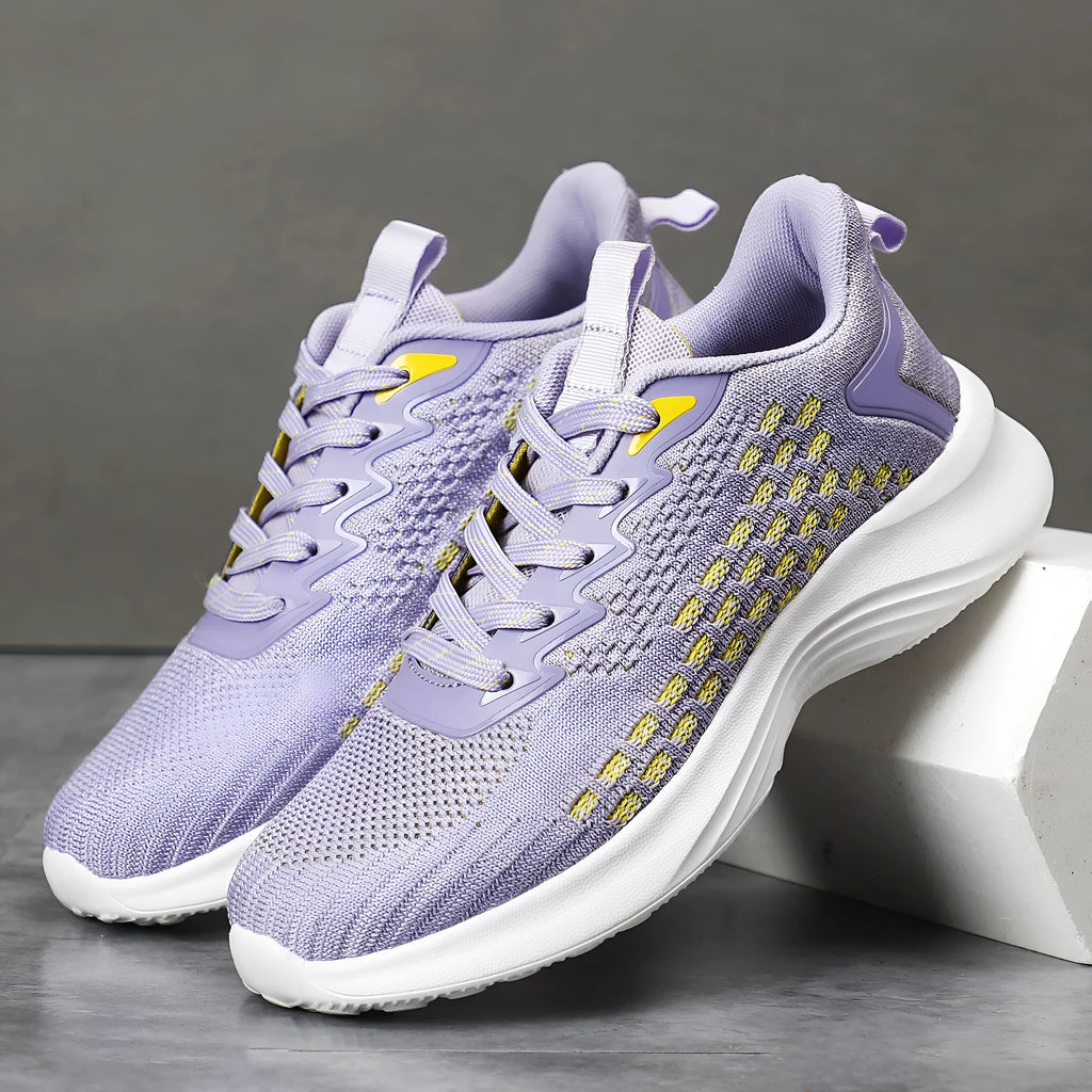 Women's Flyknit running shoes with striped pattern, mesh lining, and wedge heel in Lavender Purple or Royal Blue