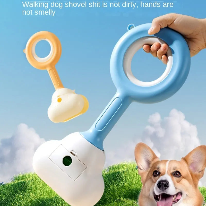 Blue and yellow dog pooper scooper with cloud-shaped jaw and ergonomic grip