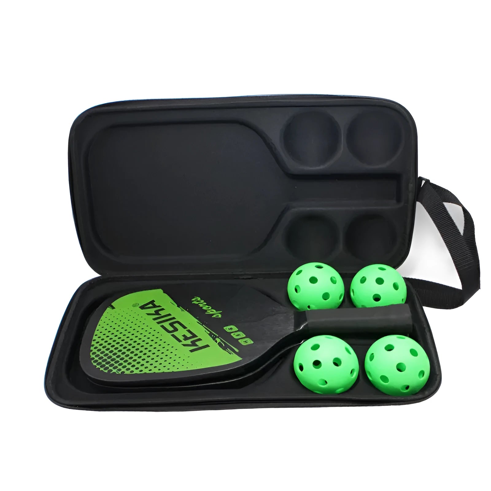 Black hard-shell EVA pickleball racket bag with double shoulder straps, shown holding one paddle and four balls.