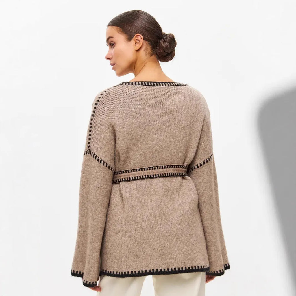 Lace-up front knitted cardigan in a thick imitation cashmere blend, shown in camel colour