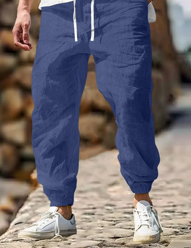 Men's straight-leg cotton trousers with elastic waistband in army green colour