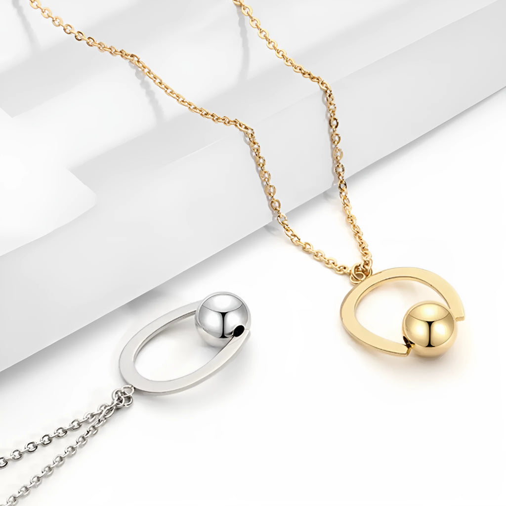Stainless steel bead chain necklace with geometric pendant in gold or silver finish