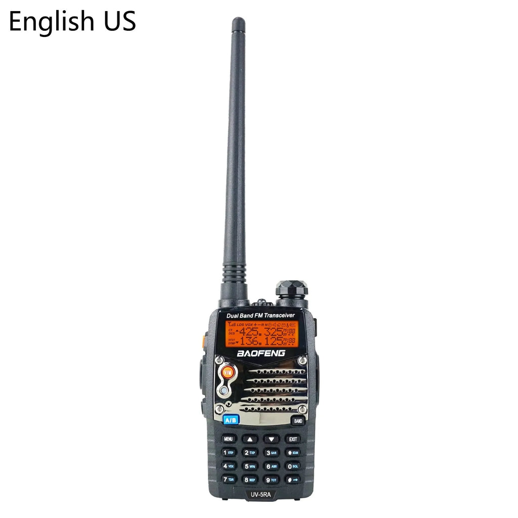 Baofeng UV-5RA black dual-band two-way radio with LCD dual display, shown with optional headset.