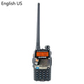 Baofeng UV-5RA black dual-band two-way radio with LCD dual display, shown with optional headset.