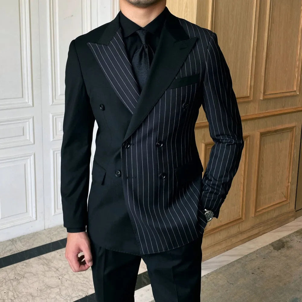 Black striped double breasted men's blazer with regular collar, double slits, sizes M to 3XL