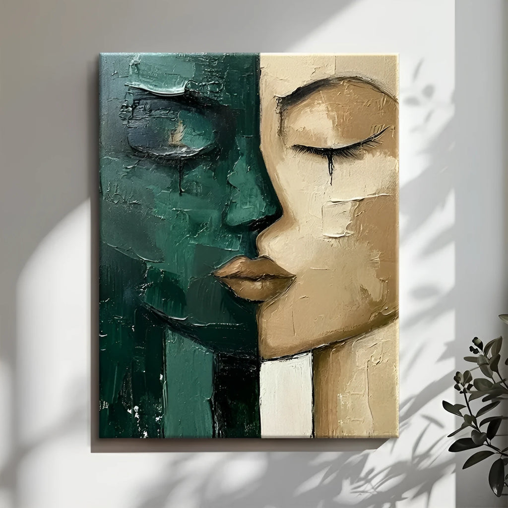 Hand-painted oil painting on canvas, green and beige face, modern vertical one-panel wall art without frame