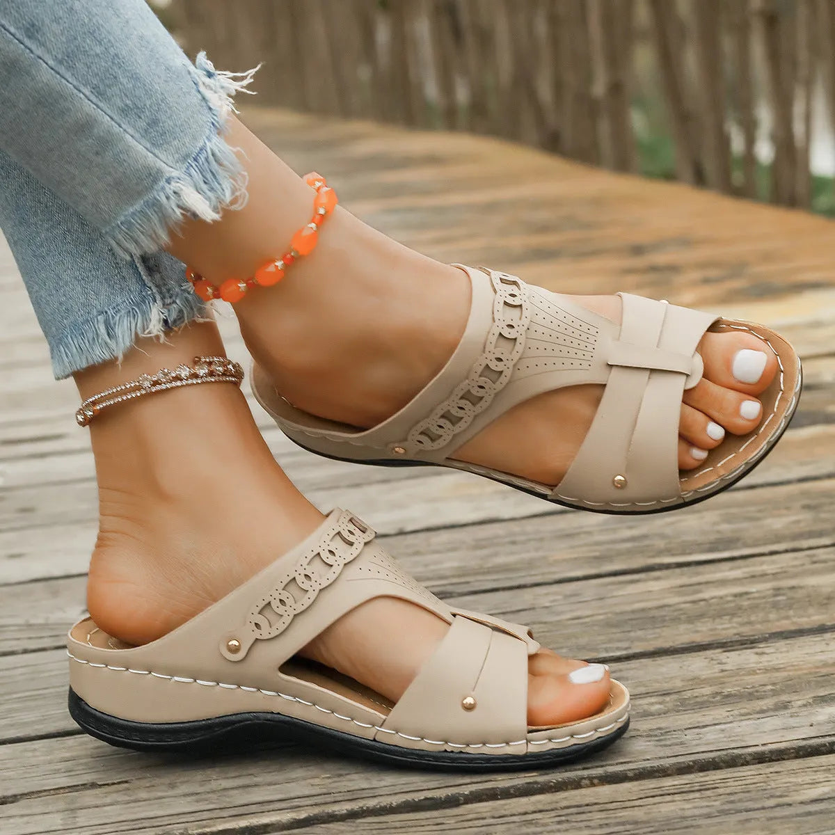 Slope heel Roman sandal slippers with fish mouth toe in blue, showing PU upper and rubber sole.