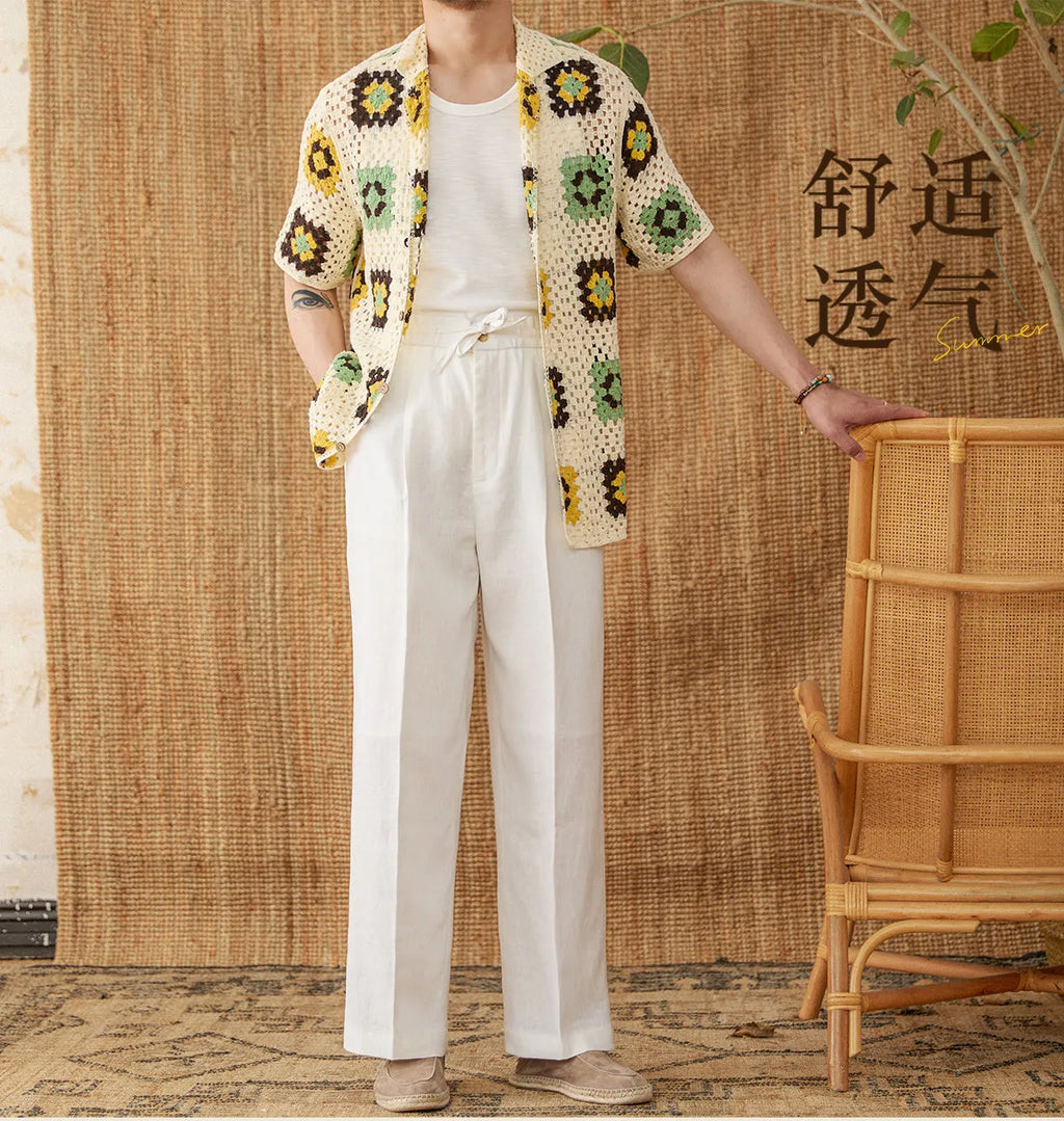 Linen straight-leg trousers with a high elasticated waistband in greige colour.