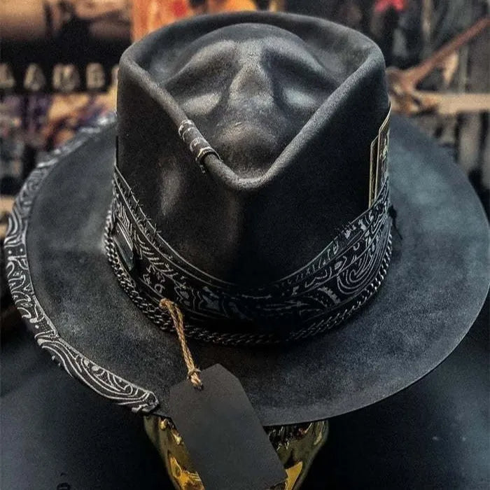 Handmade wool felt and denim conical crown skull hat for Halloween costume