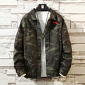 Men's camouflage denim jacket in cotton with sizes M to 5XL and measured shoulder, chest and sleeve lengths