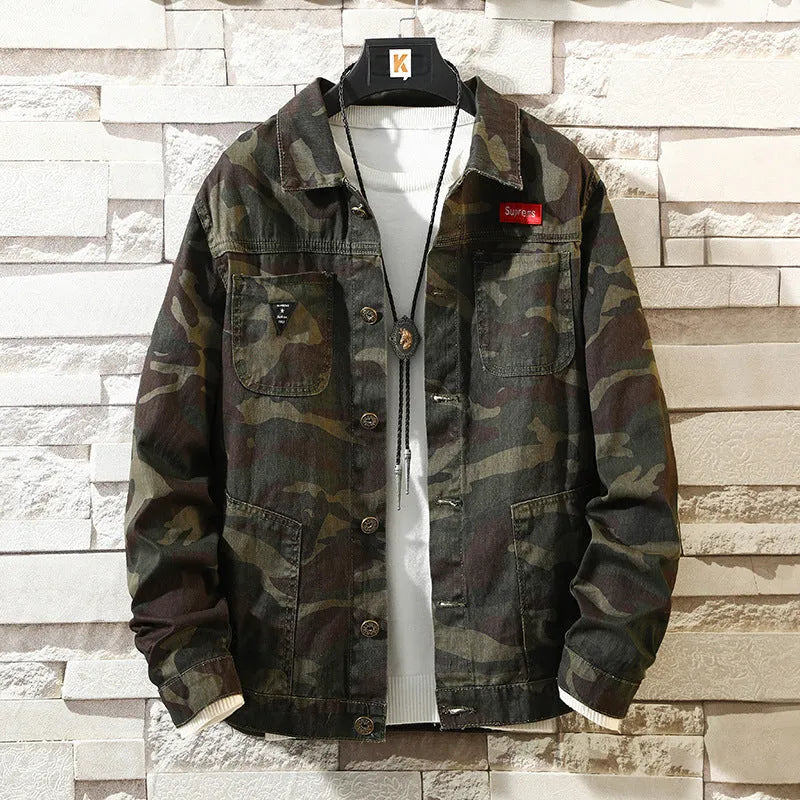 Men's camouflage denim jacket in cotton with sizes M to 5XL and measured shoulder, chest and sleeve lengths