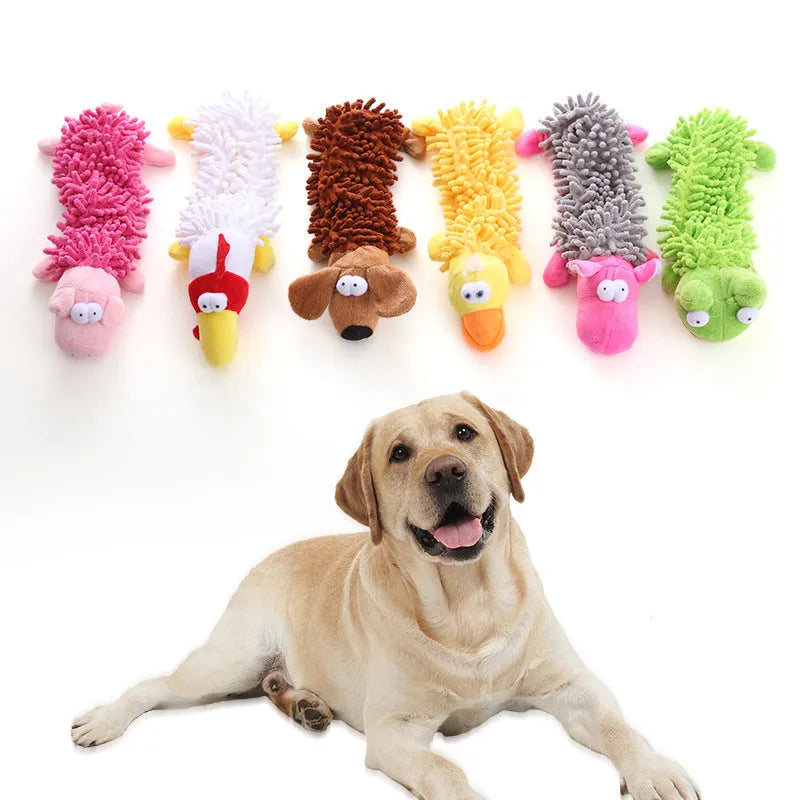 Plush molar horse dog chew toy in various animal designs including brown dog, yellow duck, and pink pig.