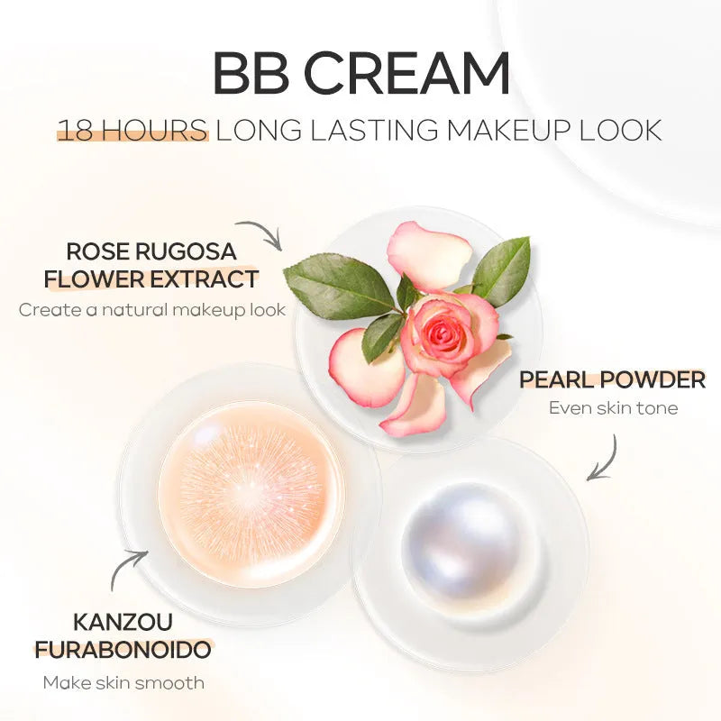 30ml bottle of BB cream showing nine shade options from light ivory to dark brown.