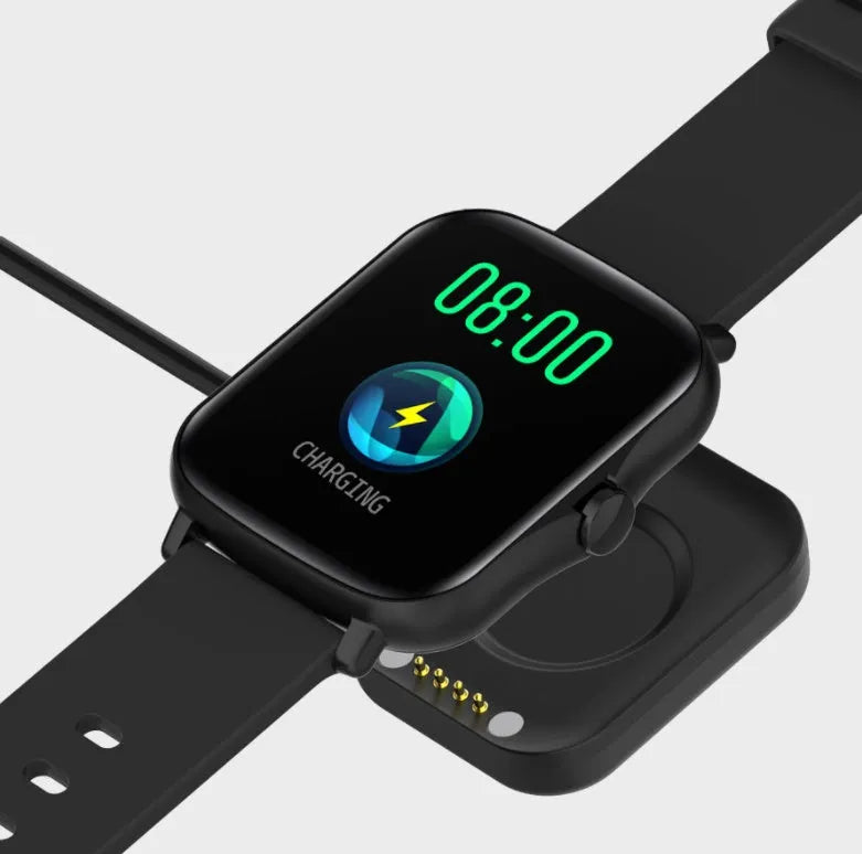 Smart watch with blue strap and 1.7-inch colour touch screen displaying time and heart rate.