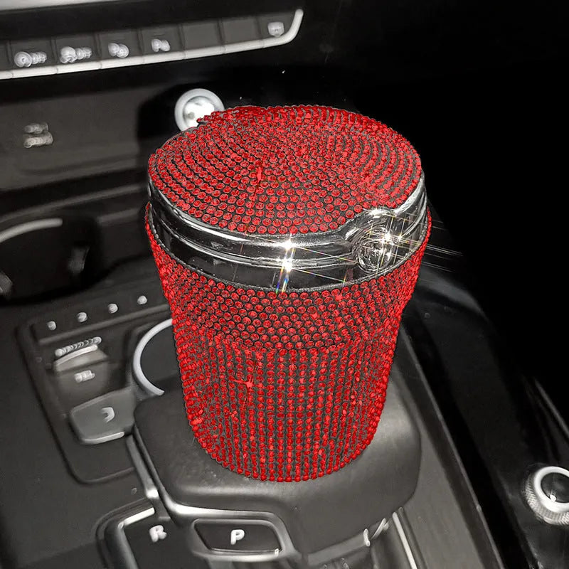 Covered car ashtray with diamond inlay, plastic and rhinestone, 7.5 x 7.5 x 9.5cm, in Black Diamond style