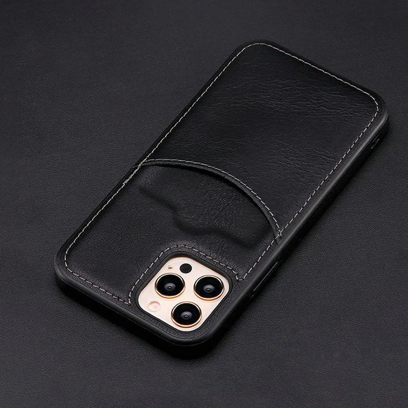 Dark blue PU leather protective case for an iPhone, showing front and back views.