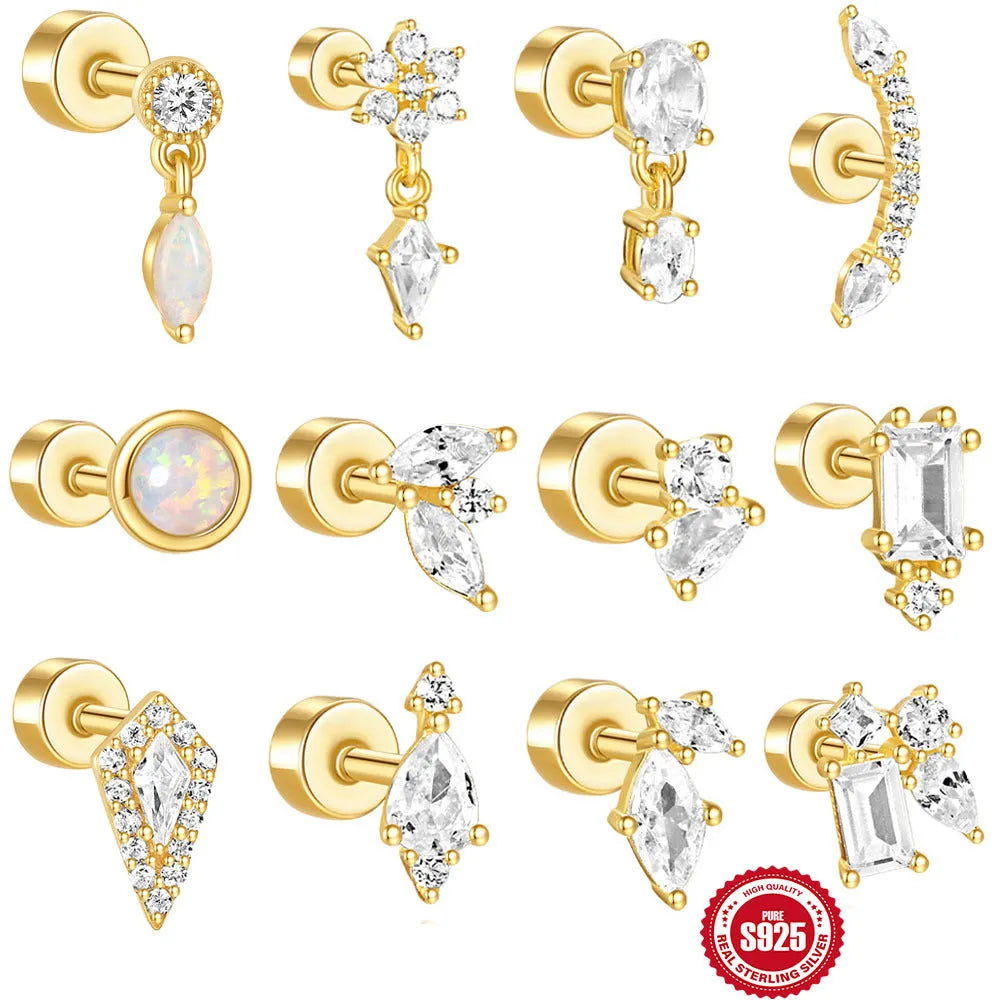 S925 sterling silver flat column geometric ear bone stud with gold electroplated finish.