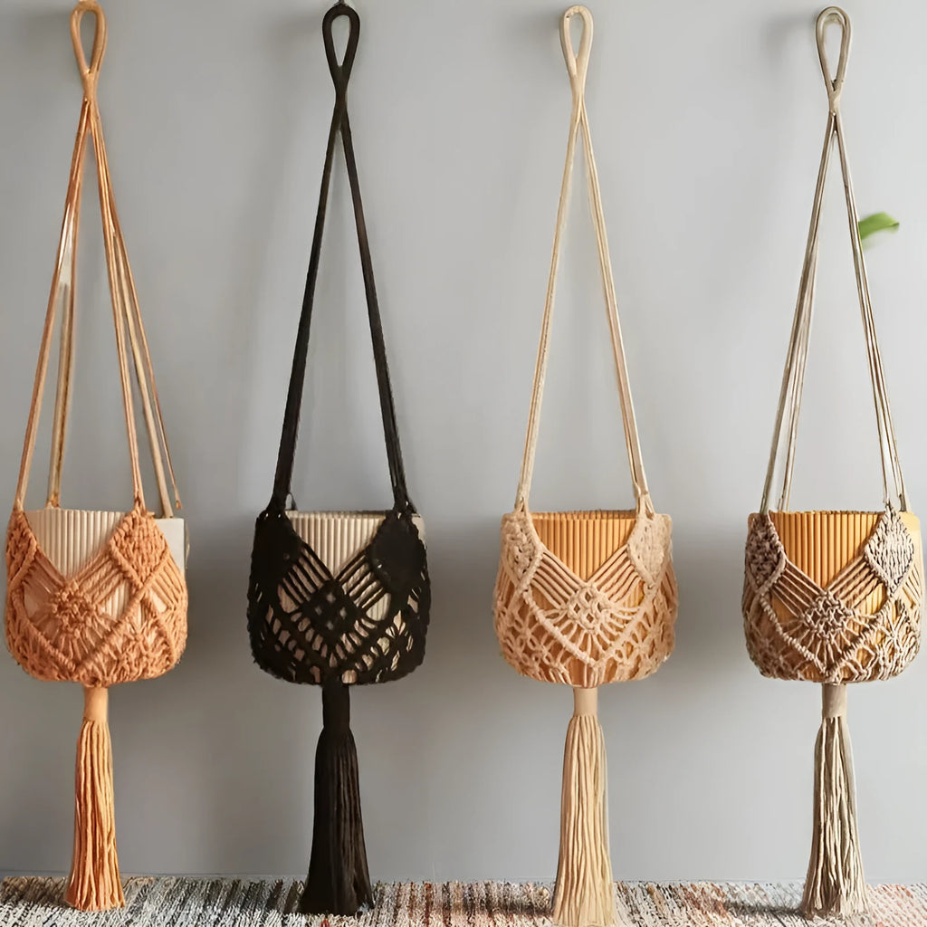 Hand-woven polyester cotton flower pot in brown colour with textured surface for indoor plant display