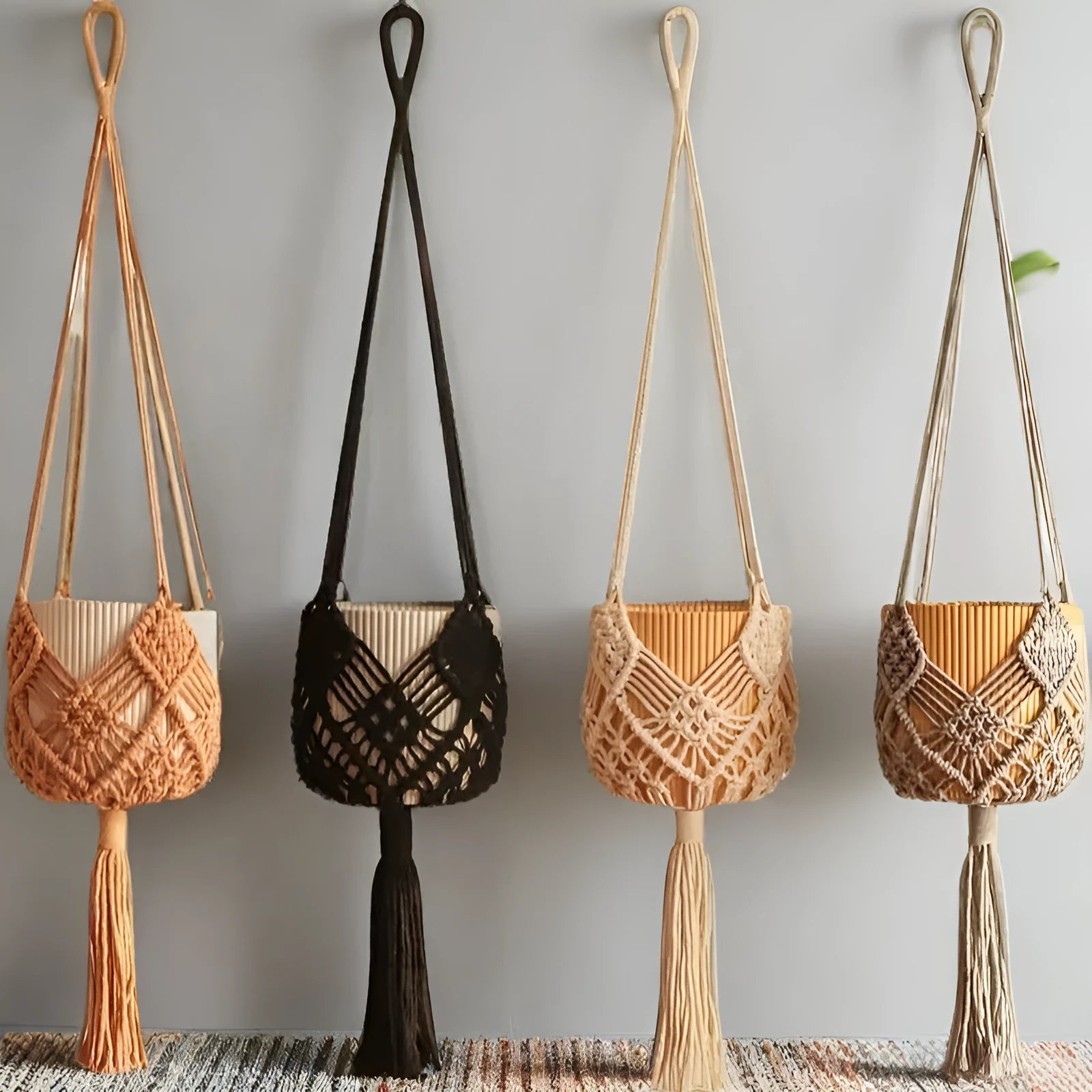 Hand-woven polyester cotton flower pot in brown colour with textured surface for indoor plant display