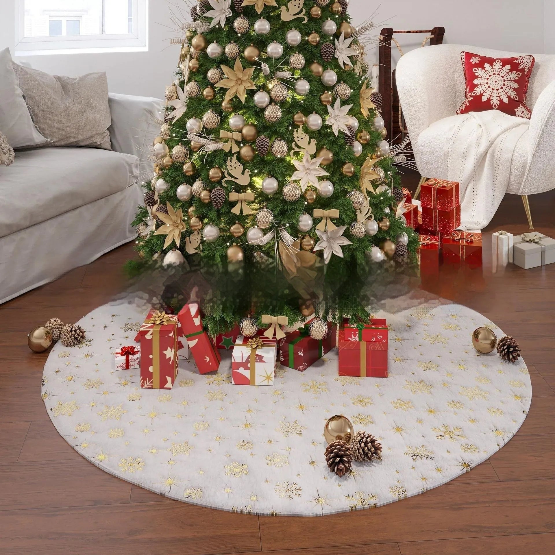 Plush Christmas tree shaped floor mat in red and green, shown in a festive living room setting.