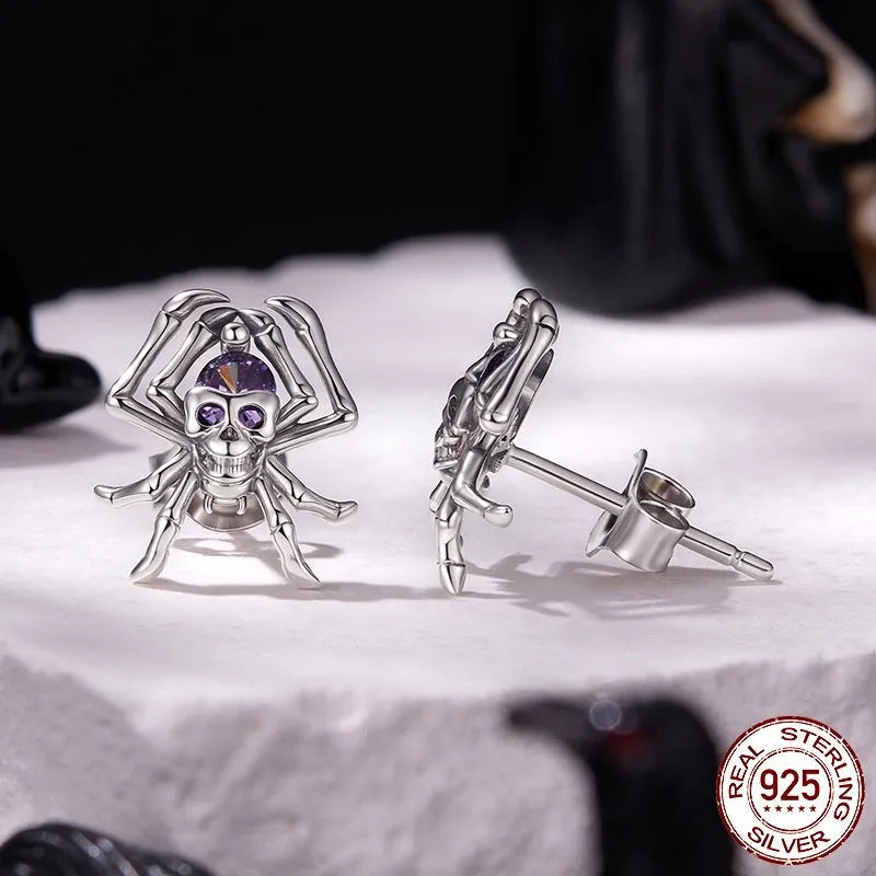Pair of Halloween skull spider stud earrings in 925 sterling silver with zircon inlay, colour SCE1964