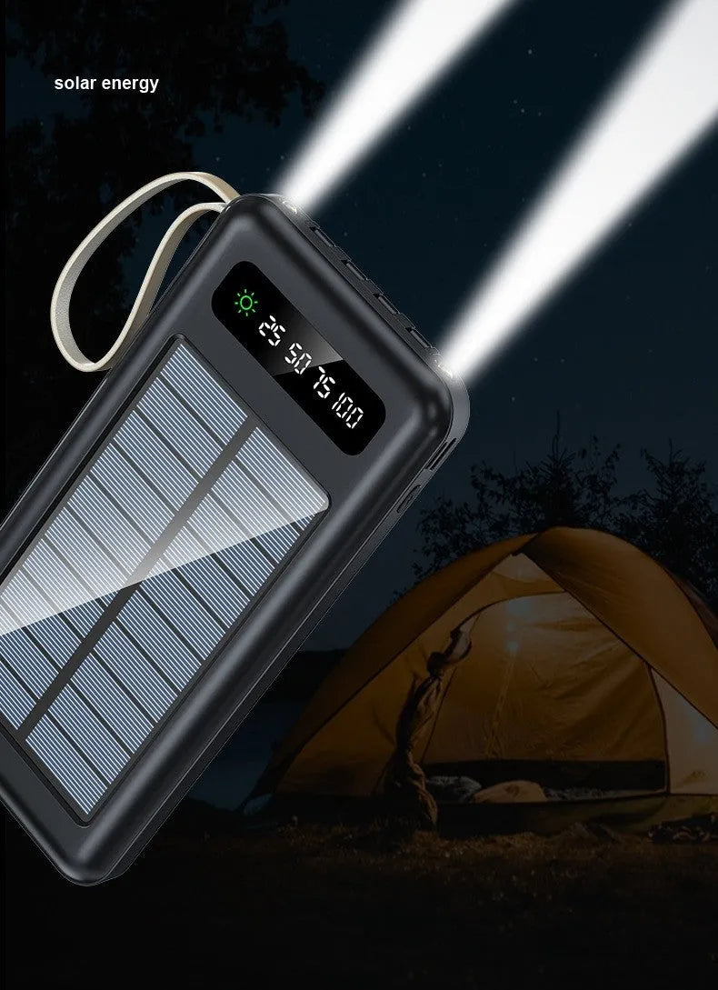 Solar power bank in black or white plastic shell showing dimensions and capacity options