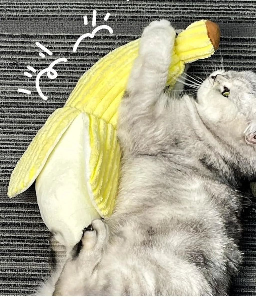 Yellow banana-shaped plush cat toy with crinkle sound, measuring 13 inches long.