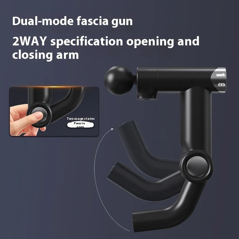 Long handle folding massage gun in black or grey with LED screen and multi-gear adjustment, brushless motor, portable design.