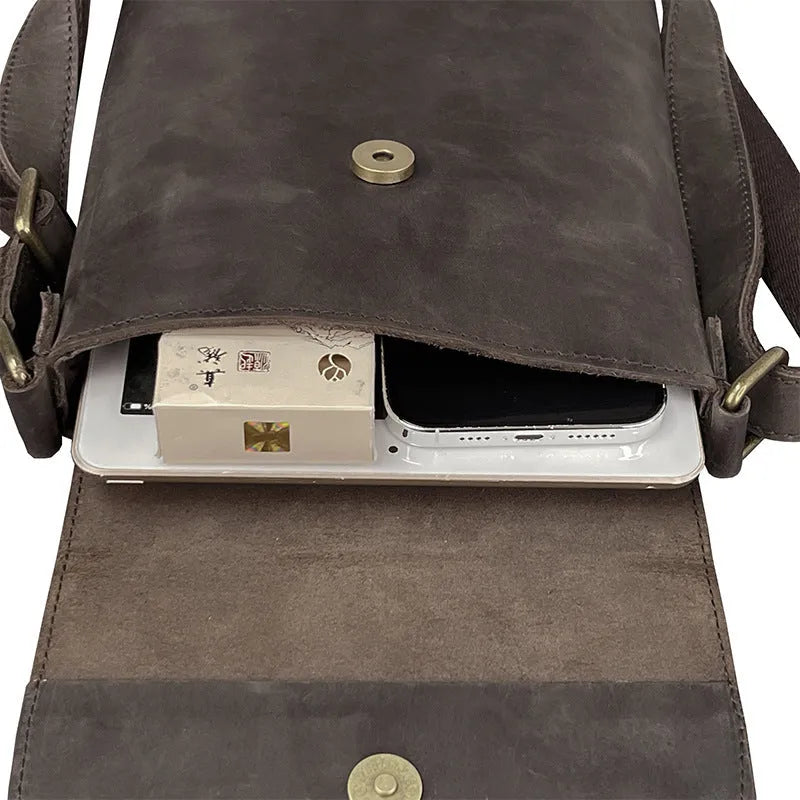 Men's crazy horse leather crossbody backpack shoulder bag in brown with polyester lining for business travel