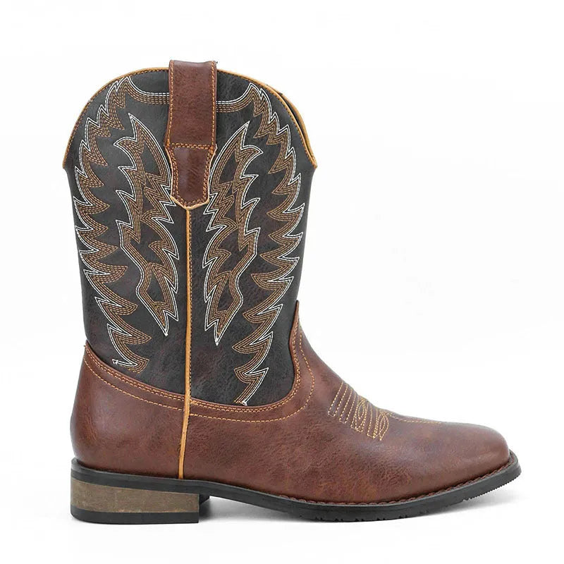 Men's black western-style square toe motorcycle boots with a rubber sole and mid-calf height.