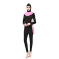 Conservative women's hooded swimsuit with long sleeves in black with coloured trim