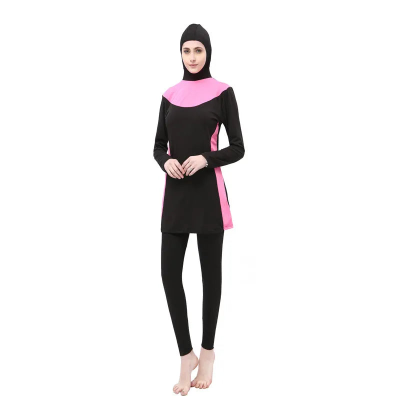 Conservative women's hooded swimsuit with long sleeves in black with coloured trim
