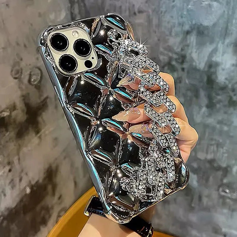 iPhone case with a connected chain bracelet and flash diamond lock on a TPU case with a plated rhombus pattern