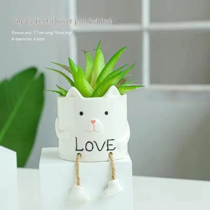 Ceramic hanging foot flowerpot in cartoon style for succulent plants on desktop