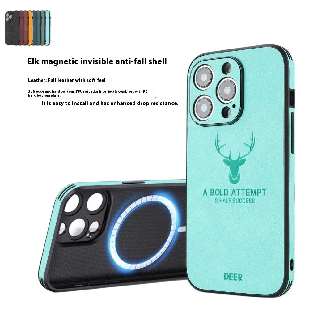 iPhone 16 series imitation leather phone case with embossed moose head print and magnetic charging feature.