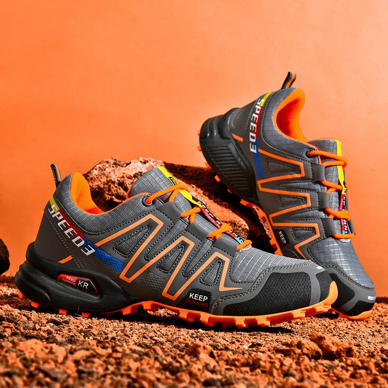 Men's grey orange casual running shoes with synthetic leather upper and rubber sole
