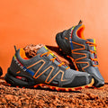 Men's grey orange casual running shoes with synthetic leather upper and rubber sole