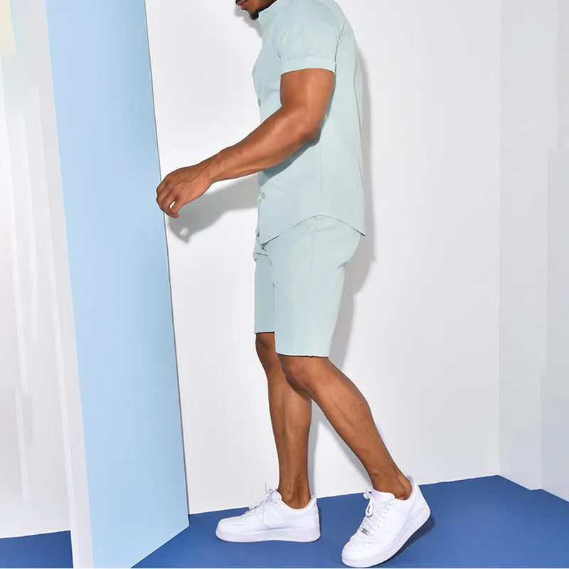 Men's short sleeve two-piece suit set in polyester, shown in white, khaki, and light blue, sizes S to XXXL