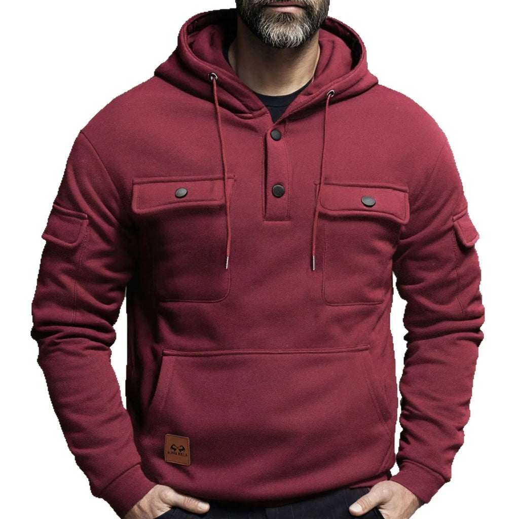 Button multi-pocket sweater in black, loose fit, wool lined, sizes S to XXXL for men