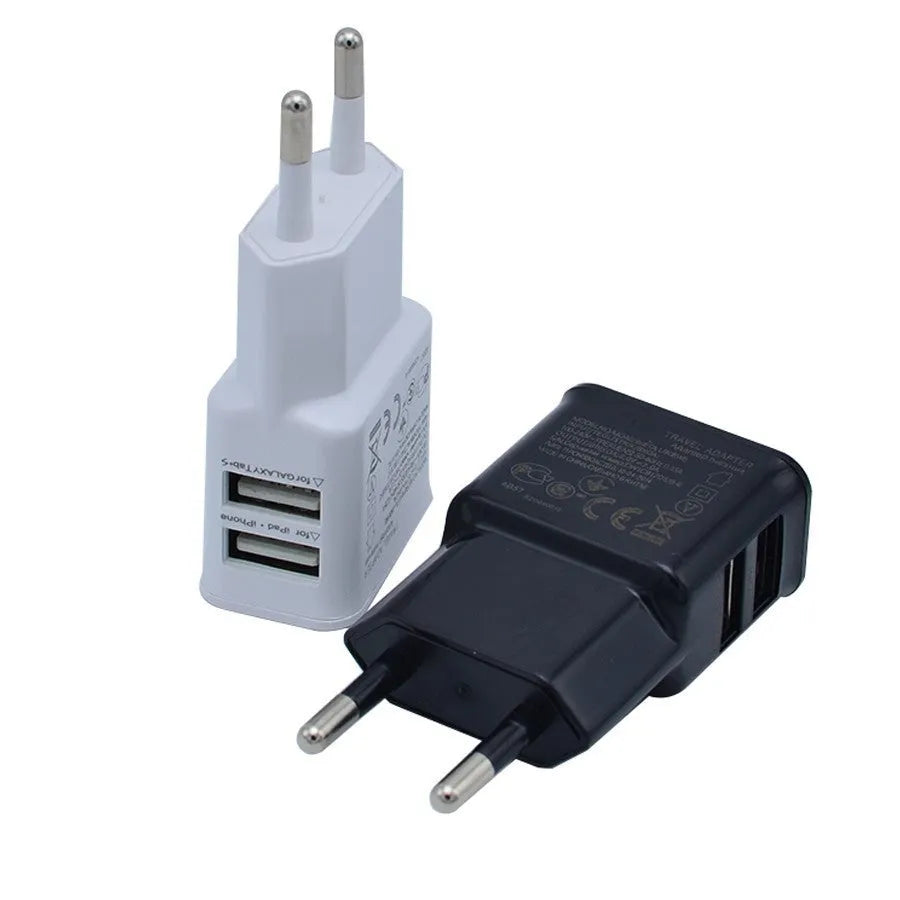 EU dual USB charging head in ABS plastic, black, with two USB ports and European plug
