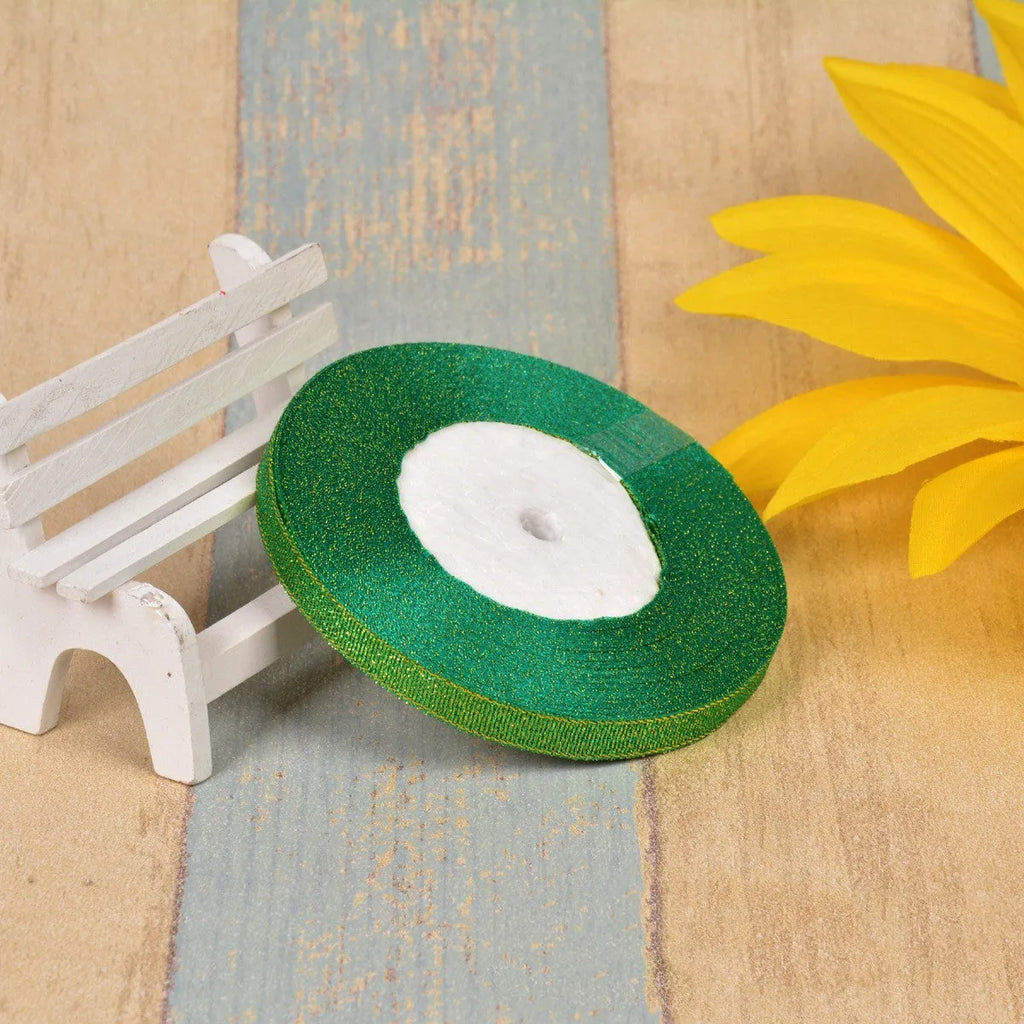 Green onion pattern polyester ribbon with gold silk silver wire effect on 25-yard spool