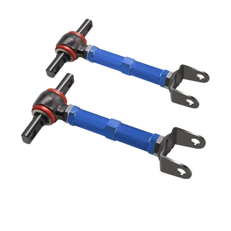 Blue and red aluminium alloy ES bone recliner components for Honda Civic EP3 rear suspension.