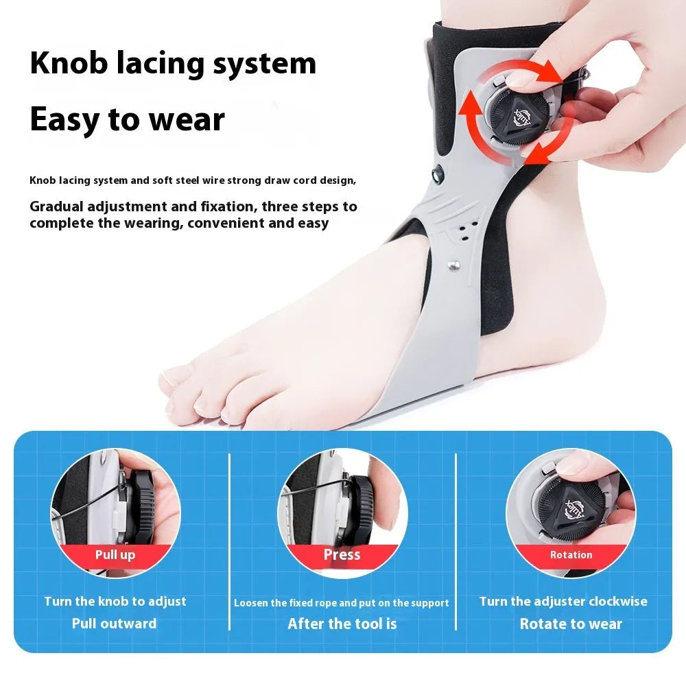 Grey and black ankle fixation brace with airbag button support mechanism for training and rehabilitation