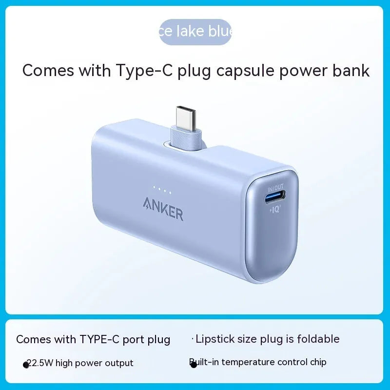 Capsule-shaped 5000mAh power bank with foldable USB-C cable in five colour options