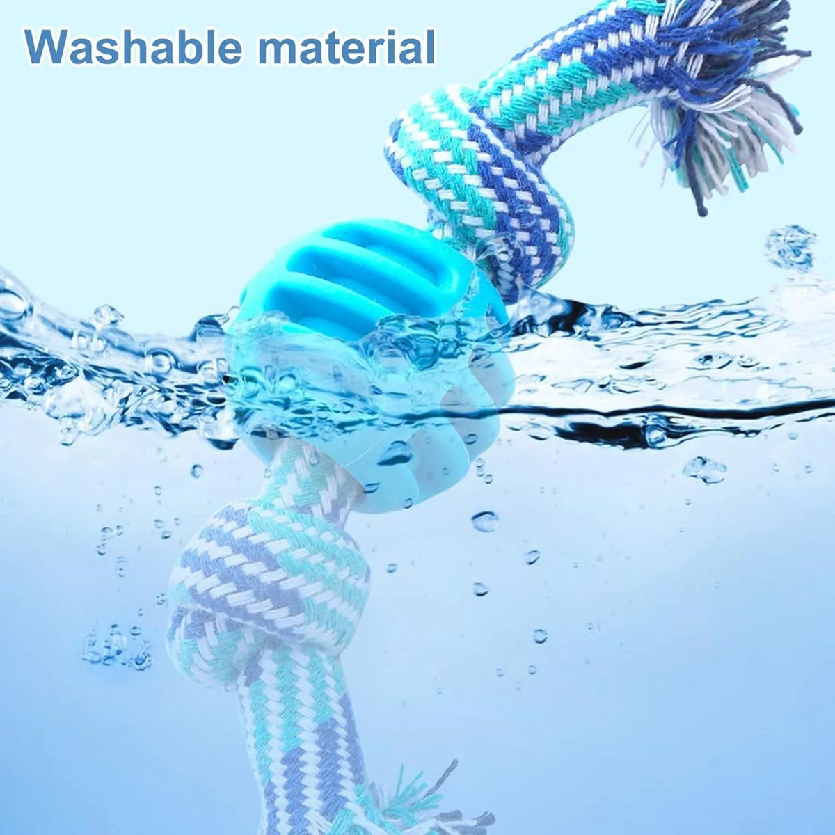 Blue dog chew toy with rope texture for cleaning teeth and oral health.