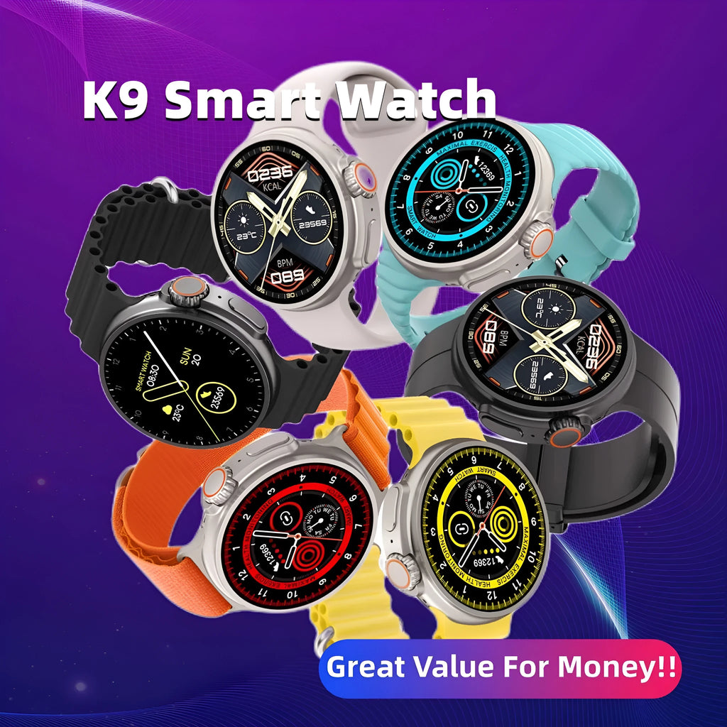 K9 Smart Watch with round screen on a silicone strap, shown in black, orange, silver brown, and yellow colour options.