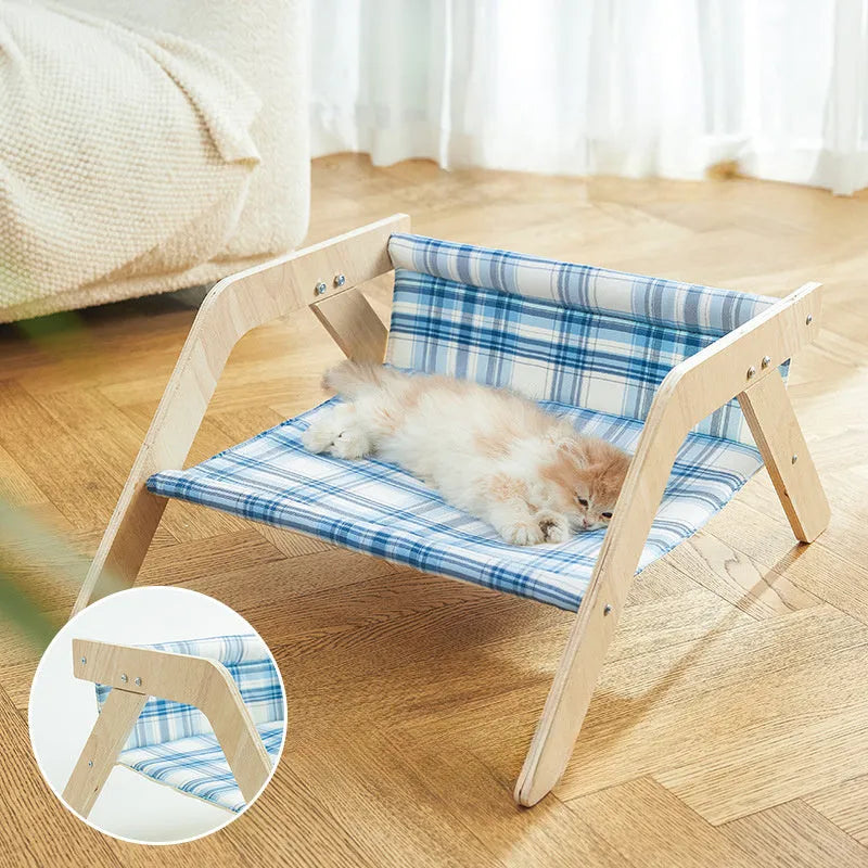 Wooden frame elevated cat hammock bed with soft cloth pad in blue colour