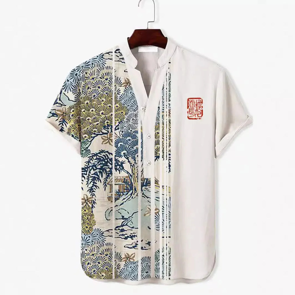 Man wearing a short sleeve t-shirt with a colourful 3D digital animal graphic print on the front.