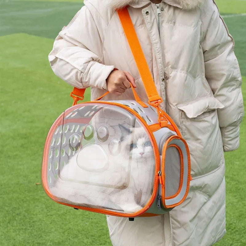 Large transparent hard EVA cat backpack carrier in violet colour showing space capsule design